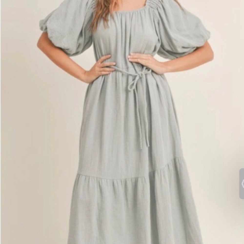 Baby blue gauze cotton tiered dress with pockets